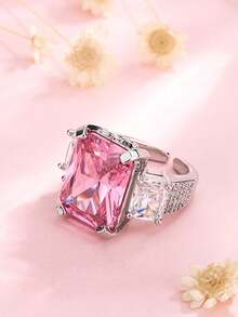 Elegant 4-Prong Pink Synthetic Cubic Zirconia Geometric Adjustable Ring, Jewelry Gift For Women - Pink - View 2