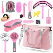 15 Pieces Horse Grooming Kit With Organizer Tote Bag Tack Room Plies Horse Brush Sets Care Equine Cleaning Kit Shedding Grooming Massaging Tools Pink And Grey - Pink and Grey - View 1