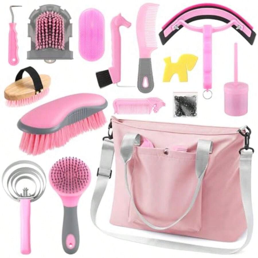 15 Pieces Horse Grooming Kit With Organizer Tote Bag Tack Room Plies Horse Brush Sets Care Equine Cleaning Kit Shedding Grooming Massaging Tools Pink And Grey - Pink and Grey - View 1
