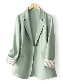 Women's Sleeve Stripe Patchwork Single-Button Regular Blazer Spring - Green - View 3