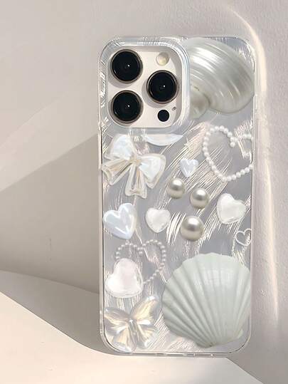 1pc Ocean Element Shell Pearl Heart Bow Design Phone Case, Transparent Thick Protective Cover Suitable For Samsung A05, A05S, A13, A14, A15, A53, A54, A55, A56, S22, S23, S24, S25 And Apple 11, 12, 13, 14, 15, 16, 17 Pro Max