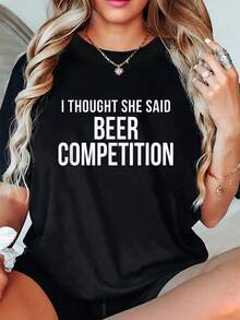 Camiseta divertida de verano para el Día del Padre con texto "Pensé que ella dijo" y "Concurso de Cerveza". Camiseta informal de manga corta y cuello redondo para verano y primavera. Ropa para mujer. - Negro - Ver 6