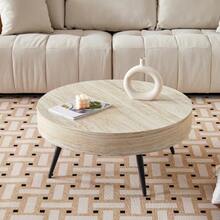 Round Coffee Table With A 70 Cm Diameter In Light Travertine Wood Look (MDF) And Black Metal Legs. Minimalist Design, Ideal For Living Rooms And Small Spaces. - Khaki - View 5