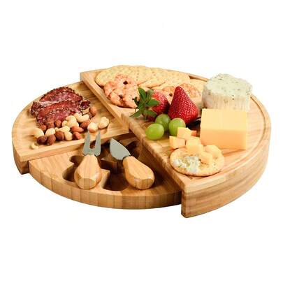Bamboo Cheese Board With Knife Set, Expandable Round Charcuterie Platter, Multi-Functional Serving Tray For Party, Picnic, And Home Entertaining, Kitchen Must-Have