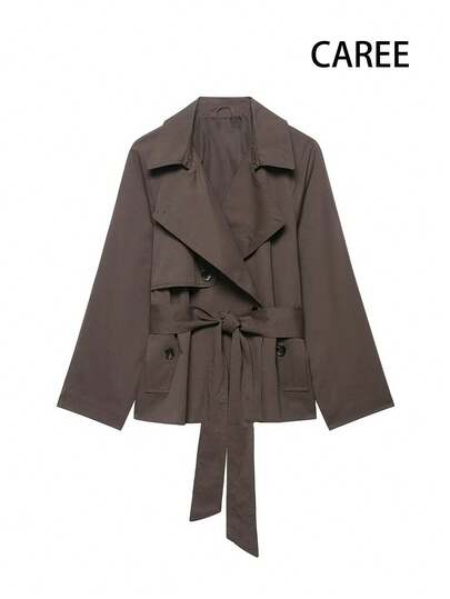 女士春夏英伦风时尚优雅简约百搭翻领长袖系带纽扣短款风衣