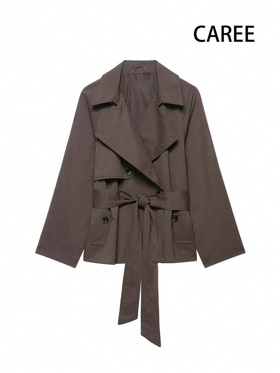 Women's Spring/Summer British Style Elegant Minimalist Versatile V-Neck Long Sleeve Belted Button Short Windbreaker - Olive Green - View 1