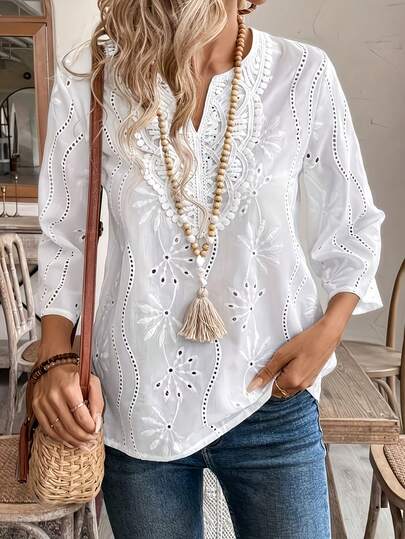 Plus Size Women's Regular Sleeve Woven Fabric V-Neck Hollow White Semi-Sheer Blouse Vacation Summer