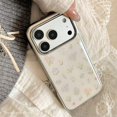 1pc Silver Rim Watercolor Floral Resin Phone Case For IPhone 17 Pro Max, Apple 17, 16 Resin, 13 Electroplated Hard Shell, Elegant, Artistic, Minimalist, Floral, Feminine, Aesthetic