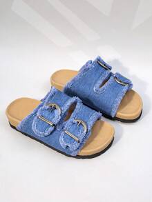 A Pair Of Girls' Retro Distressed Fringed Anti Slip One Line Drag Daily Casual Sandals - Dusty Blue - View 8
