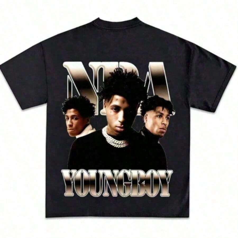 Youngboy Graphic Print Short Sleeve Cotton T-Shirt For Women Casual Round Neck Y2K Streetwear Top - 黑色 16 - 查看 1
