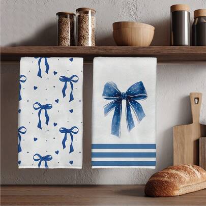 2pcs Blue Bow Pattern Kitchen Towels, Watercolor Bowknot Heart And Polka Dot Gold Edge Seamless Pattern, Rectangular Super Soft Fiber Kitchen Towels, Dish Cloths, Cleaning Rags, Hand Towels, Cooking Baking Tea Towels, Kitchen Decor, Housewarming Gift, Birthday Gift, Bathroom Cleaning Wipes, Decorative Towels