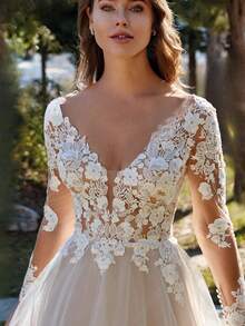 Elegant Sexy V Neck Long Sleeves Lace Appliqué A Line Tulle Formal Wedding Dress,Registry Office Dresses Bridal Gown,Evening Party Dress Birthday Party Dress Country Wedding,Romantic Church Ceremony Wedding Dress,Suitable For Wedding,Dating,Party,Singles' Party,Vacation,Formal Occasions,Dinner Dress,Prom Dress,Homecoming Dess,Cocktail Party,Wedding Guest Dress,Graduation - 白色 - 查看 3