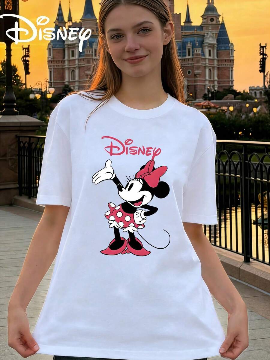 Disney Women's Casual White Cotton Round Neck Short Sleeve Regular T-Shirt With Minnie Mouse Print - 白色 - 查看 1