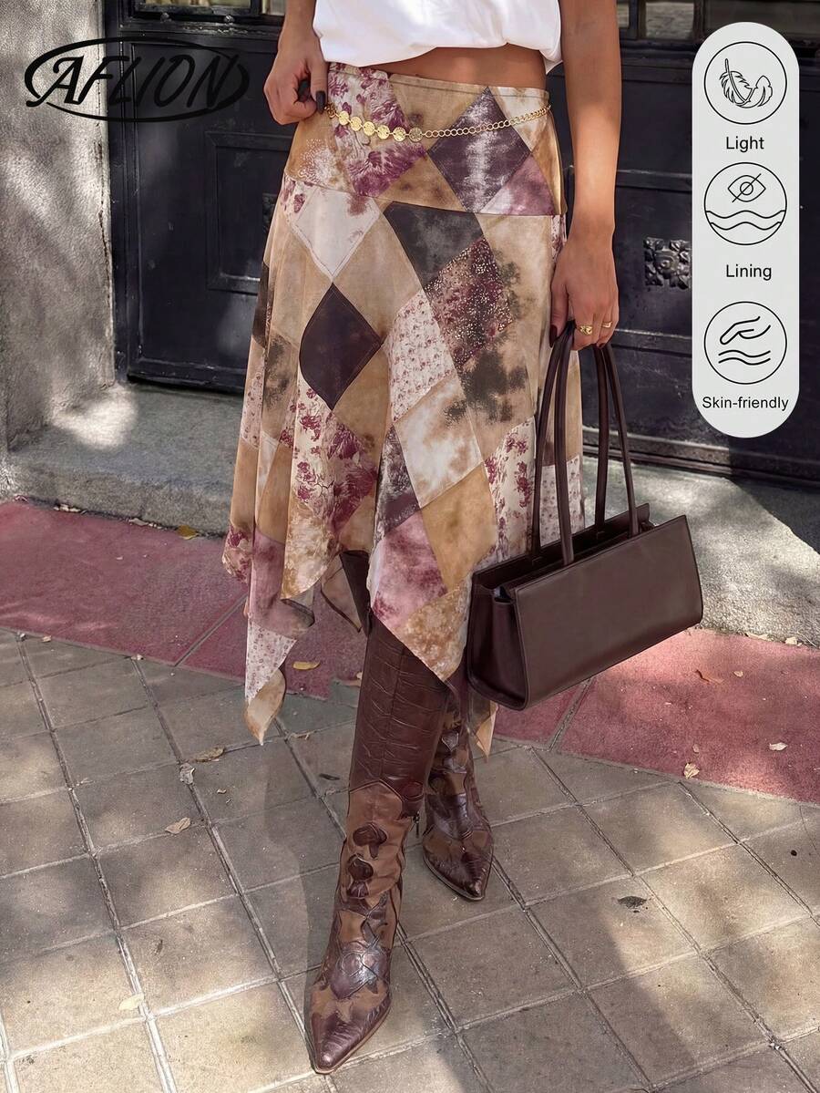 Aflion 女士新款春夏棕黄格纹印花腰部不对称下摆中长裙 - 复古休闲连衣裙，适合约会、派对、日常休闲、学院风、度假、音乐节和周末出游