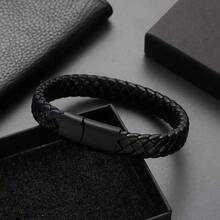1pc Pure Black Matte Finish Black Buckle Men's Pu Leather Bracelet, Titanium Steel Punk Braided Wristband - Màu đen súng - Xem 2