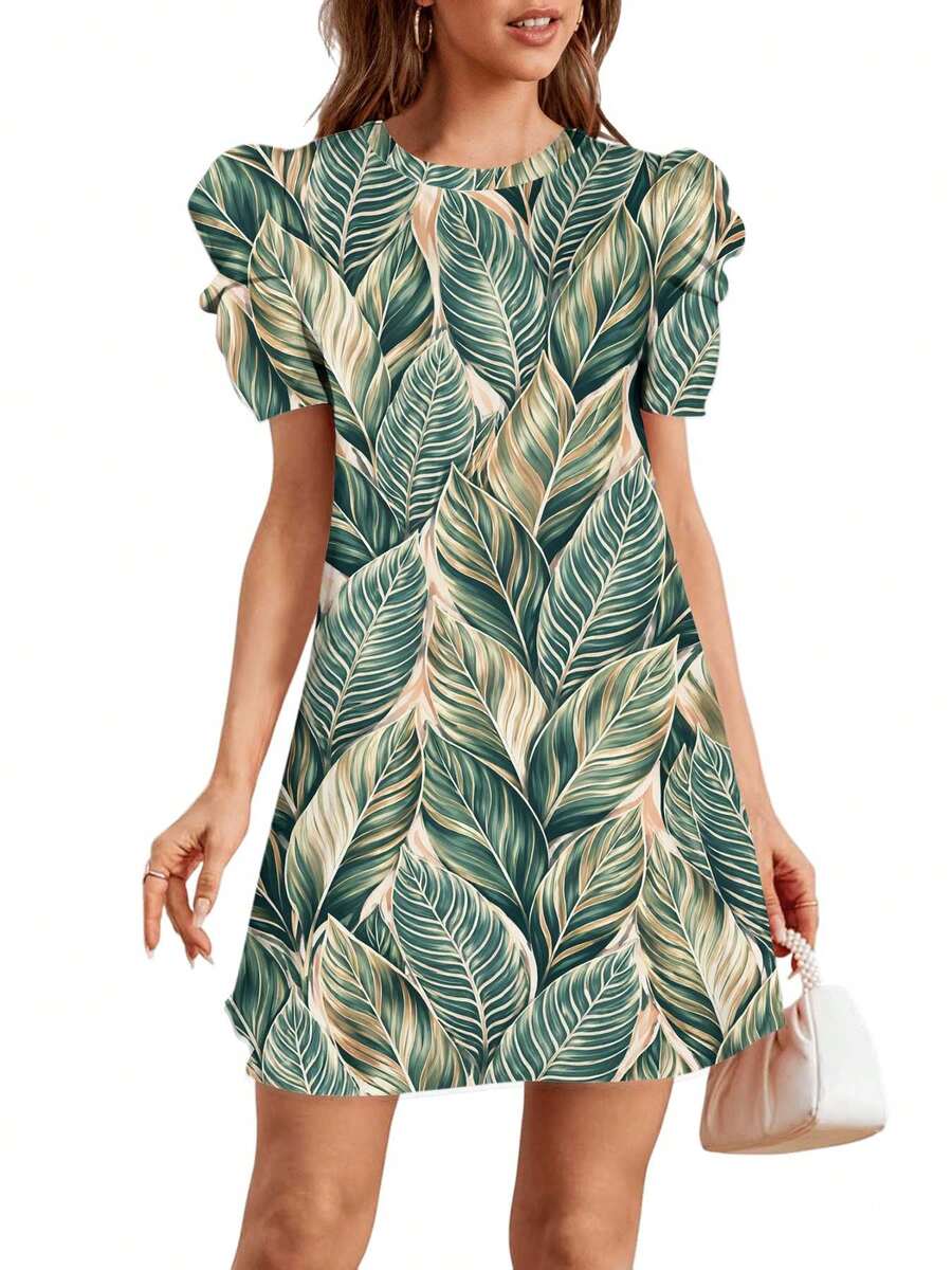 Leafy Pattern Design With Green And Gold Leaves Summer Dresses For Women Casual Petal Sleeve Swing Vacation Dress - Nhiều màu - Xem 1