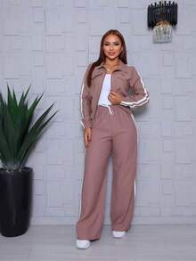 Women's Premium Sensorial 2-Piece Set: Long-Sleeved Jacket And Striped Wide-Leg Pants - Elegant Casual Fashion Blogger Outfit - 米色 - 查看 1