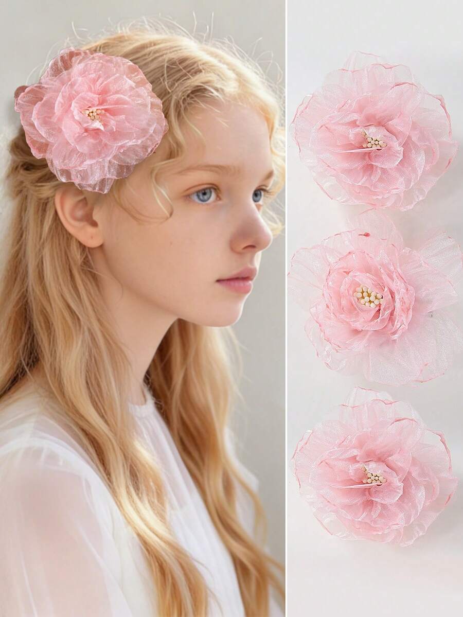 2pcs/Set Girls/Teens Pastel Pink Faux Chiffon Ruffle Flower Hair Clips, Bangs Hairpins, Beach Headwear, Everyday Use - Baby Pink - View 1