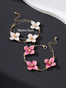 Set de 2 pulseras de flores blancas de 4 pétalos hechas a mano de la serie Dopamine, de moda y versátiles, para el verano, para mujeres - Multicolor - Ver 5