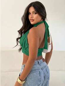 Cropped Balloon Top With Neck Tie, Sensual And Elegant, Made Of Spandex. - Green - View 4