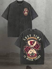 Vintage Black Graphic Tee With Colorful Heart Patch And Elaborate Skull Design Stylish Edgy Casual Wear For Streetwear Enthusiasts - 黑色 - 查看 1