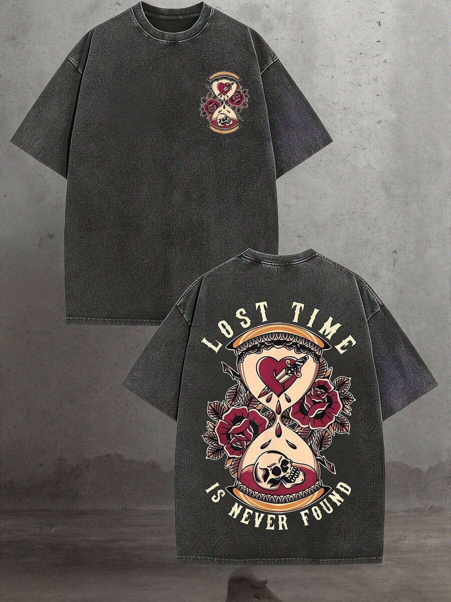 Vintage Black Graphic Tee With Colorful Heart Patch And Elaborate Skull Design Stylish Edgy Casual Wear For Streetwear Enthusiasts - 黑色 - 查看 1