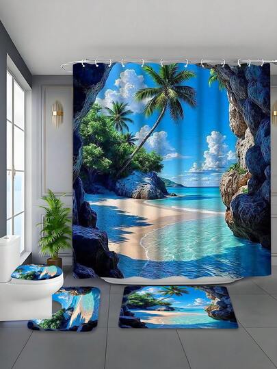 1/4件套印花防水浴帘套装，包含浴帘、12个挂钩、防滑垫、U型垫和马桶盖套，采用加厚涤纶面料，防水防霉。