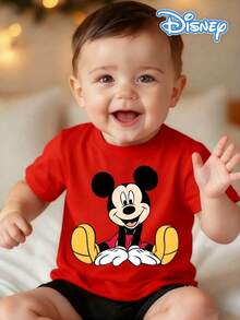 Disney Background Mickey Mouse Happy Sitting Pose Classic Print Kids' Short Sleeve T-Shirt - Adorable And Playful Casual Top - 紅色 - 查看 1