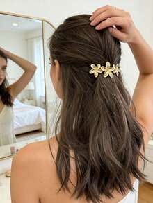 1个花朵金属弹簧发夹，公主风发卡，发饰，礼品及日常佩戴，花朵发夹，夏季配饰，节日旅行 - 金色 - 查看 3