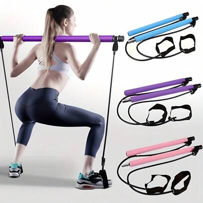 1 szt. kijków do pilatesu, wyposażonych w kolorowe taśmy oporowe - sprzęt fitness ze stali nierdzewnej, odpowiedni zarówno dla mężczyzn, jak i kobiet, idealny do domowych siłowni, jogi, przysiadów i ćwiczeń modelujących całe ciało - lekki, łatwy w montażu, przenośny, akcesorium fitness.