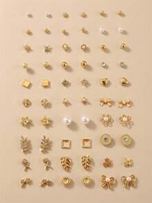 Set de 30 pares de aretes de cristal minimalistas con diseños de flor, corazón, lazo y perla falsa, adecuados para uso diario, citas y fiestas - Dorado - Ver 1