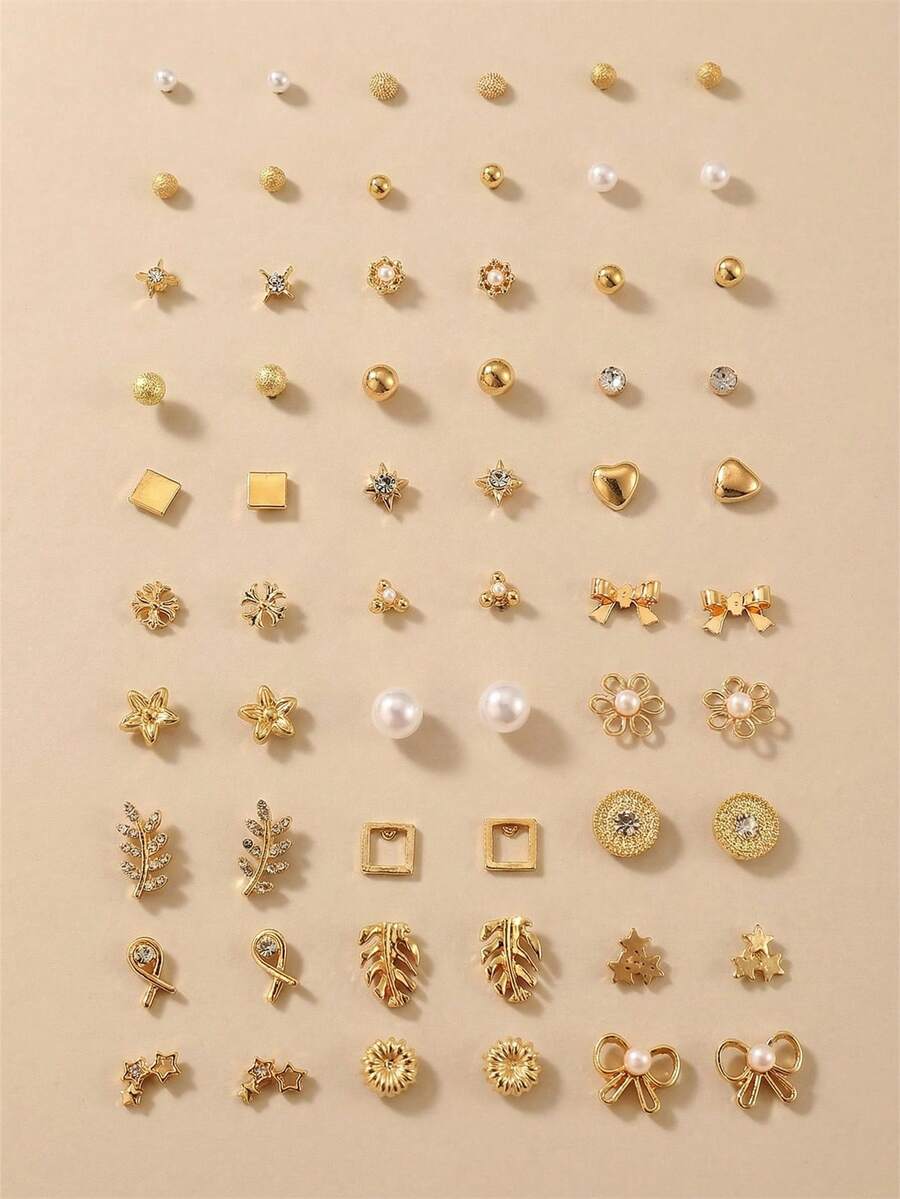 Set de 30 pares de aretes de cristal minimalistas con diseños de flor, corazón, lazo y perla falsa, adecuados para uso diario, citas y fiestas - Dorado - Ver 1