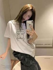 宽松印花T恤，可爱小熊和标语图案，Y2K复古风街头风休闲夏季原宿风白色T恤 - 白色 - 查看 5