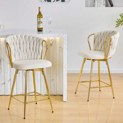 MUUOKY Modern Bar Stools Set Of 2, Velvet Upholstered Counter Height Bar Chairs With Comfortable Padded Seats, Handmade Woven Backrest With Armrests, Sturdy Metal Legs, Stylish Seating For Kitchen Island, Home Bar And Dining Area, Space-Saving Design Ideal For Small Spaces, Easy Assembly, Perfect For Christmas And Thanksgiving Home Decor