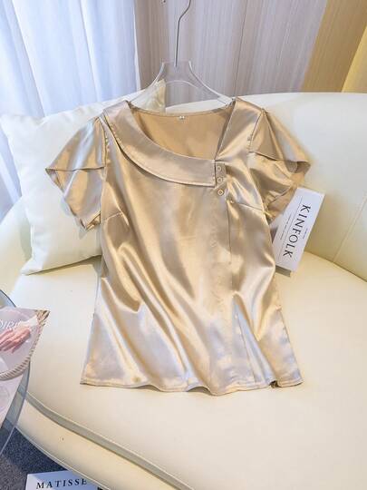 Women's Elegant Oblique Collar Button Petal Sleeve Satin Pullover Top, Suitable For Daily Wear, Spring/Summer