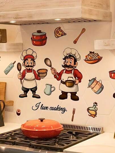 1 tấm giấy dán tường tự dính hình dụng cụ đầu bếp sáng tạo, chất liệu vinyl, có thể tháo rời, trang trí tường nhà bếp.