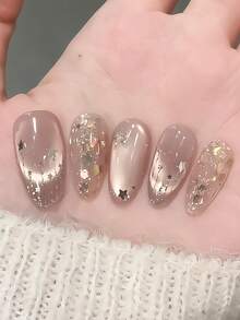 10片手工美甲贴纸，粉色猫眼图案，饰以银色星星和金色箔片，椭圆形，适合春夏婚礼、情人节、音乐节等场合，包含胶水和指甲锉，DIY美甲用品 - 淺粉色 - 查看 2