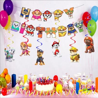 1 Sets Of Cross Border Woof Team Theme Birthday Party Flag Pulling Dog Patrol Team Party Decoration Banner Spiral Hanging Set, Suitable For Birthday Parties, Dog Theme Party Decoration (Random Style)