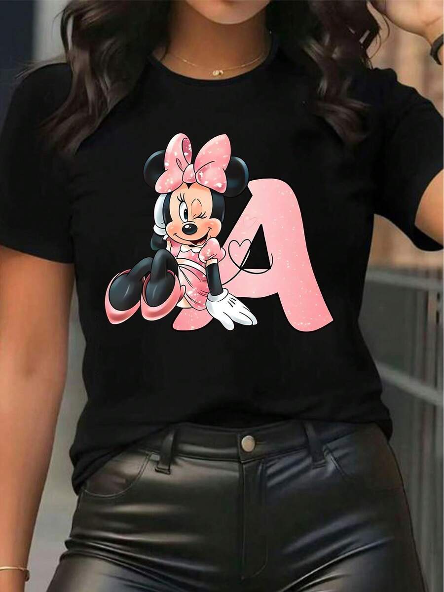 Disney Authorized Women's Hot Selling Print: Minnie Mouse Cartoon, Pink Bow, Heart-Shaped Letter A Print Short-Sleeve Crew Neck T-Shirt. Crew Neck, Casual, Comfortable, Stylish, And Versatile. Suitable For Spring, Summer, And Autumn. Casual Wear. Optimistic Design. Elastic Fabric.Made From Soft, Comfortable, And Durable Pure Cotton, This Is An Ideal Choice For Spring And Summer. This Crew Neck T-Shirt Is Suitable For Various Occasions, Including Everyday Wear, Shopping, Parties, Travel, And Gatherings, And Also Makes A Thoughtful Gift. - Black - View 1