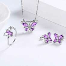 3 PiecesButterfly Jewelry Set - Amethyst Birthstone Necklace, Earrings And Ring, Suitable As Wedding Gift, Anniversary Gift And Birthday Surprise - Purple - View 14
