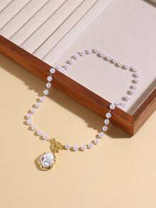1pc Faux Pearl Beaded Choker Necklace With Baroque Pearl Pendant, Elegant Gold Tone Toggle Clasp Jewelry For Women - Multicolor - View 3