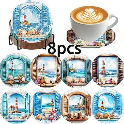 8pcs Diamond Painting Coasters With Stand + 8 Soft Cork Pads, DIY Beach Scenery Series Diamond Art Coasters, Suitable For Adult Sewing 5D DIY And Beginner Diamond Painting Kit, Diamond Painting Craft Supplies, Exquisite Gift For Friends