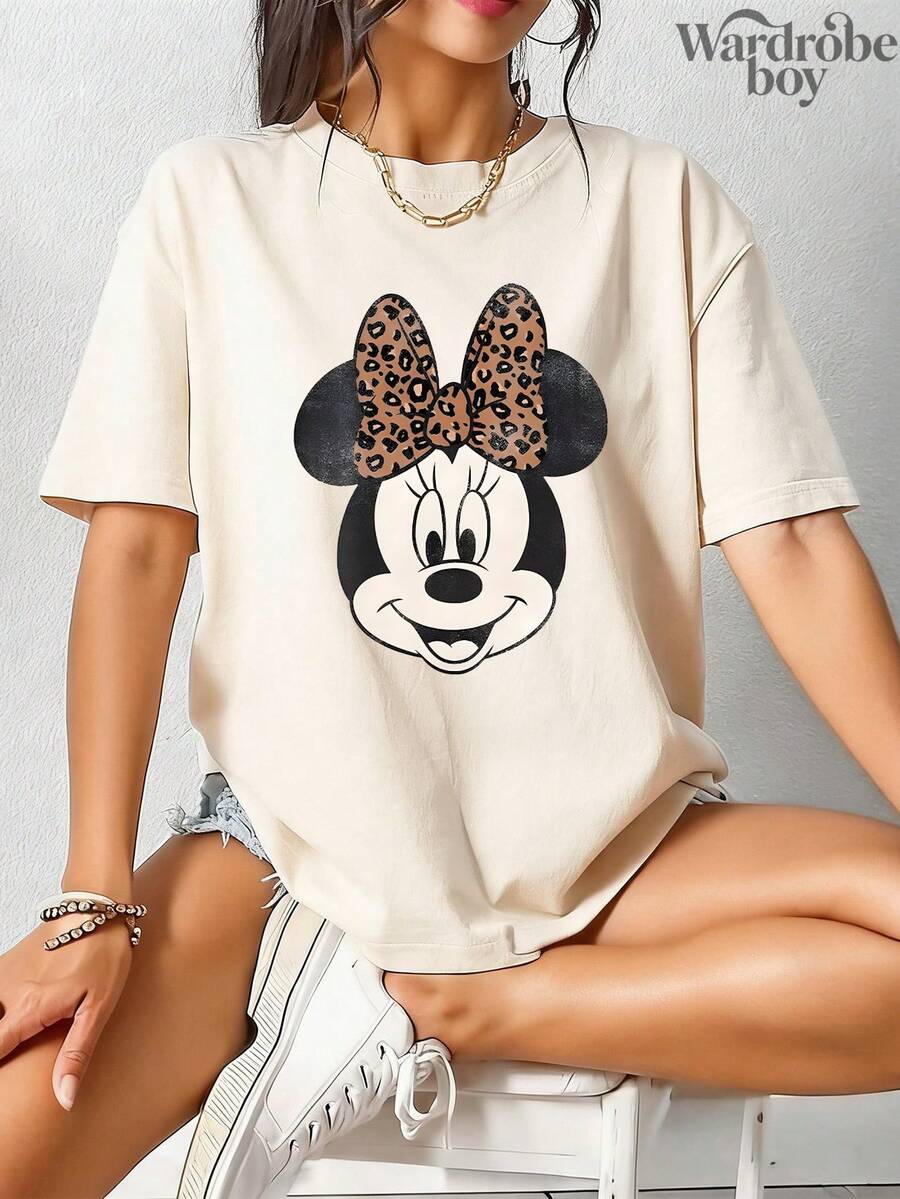 Disney Printed T-Shirt,Disney Leopard Print Minnie  Graphic T-Shirt, Unisex,High-Quality Pure Cotton T-Shirt,Suitable For All Seasons, Comfortable And Breathable| Exquisite Design | The Best Choice For Giving Gifts - 杏色 - 查看 1