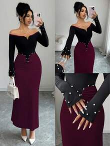 优雅女士针织长袖露肩褶皱连衣裙，饰有仿珍珠细节，春季款 - 酒紅色 - 查看 2