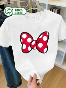 Disney Women's Casual Everyday 100% Cotton Short-Sleeve T-Shirt, Featuring Mickey Mouse's Classic Red Polka Dot Bow Print, With A Simple And Sweet Style, Clean And Refreshing, Youthful And Girlish. Suitable For Students For Daily Wear, Casual Shopping, And Relaxing At Home. Summer Clothing, Mickey Mouse Red Polka Dot Bow Pattern Printed T-Shirt, Can Also Be Worn As Matching Outfits For Friends. - White - View 1