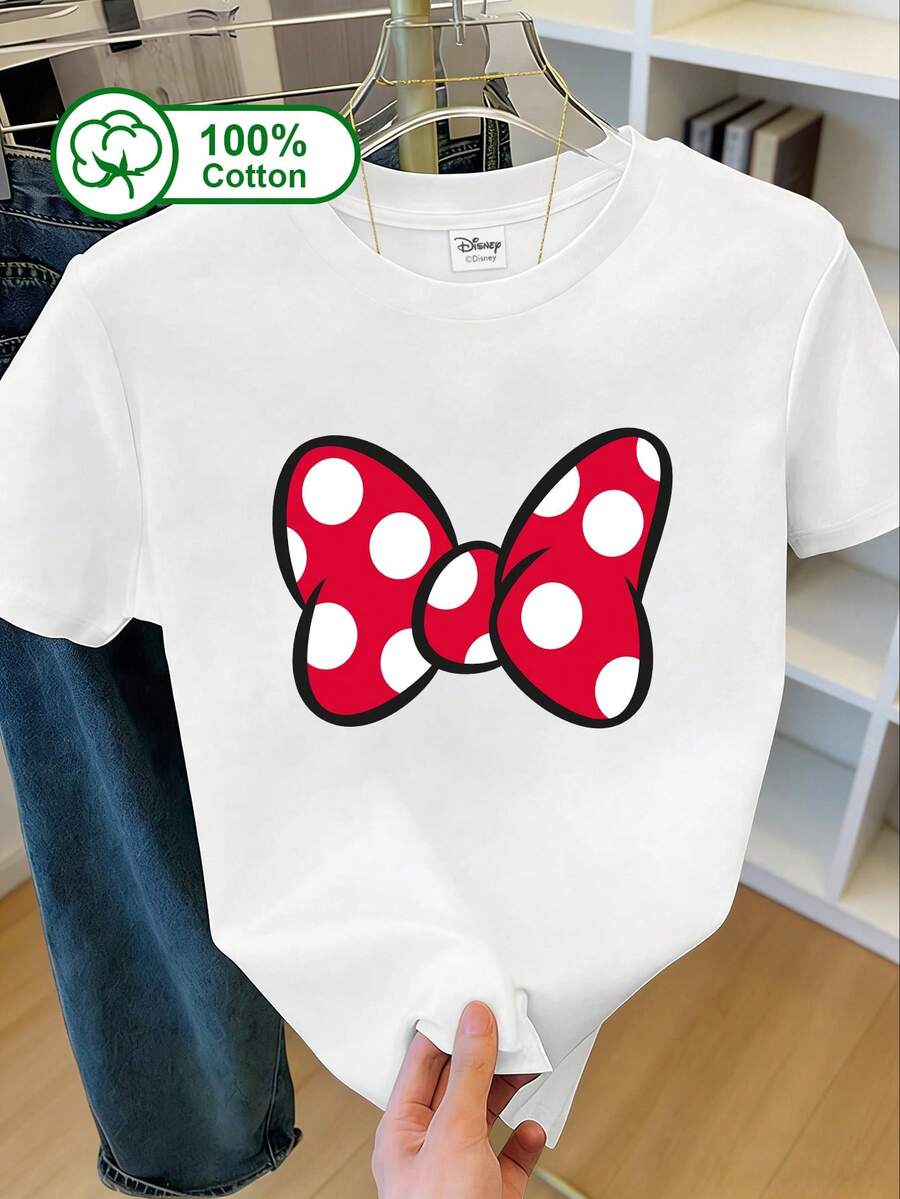 Disney Women's Casual Everyday 100% Cotton Short-Sleeve T-Shirt, Featuring Mickey Mouse's Classic Red Polka Dot Bow Print, With A Simple And Sweet Style, Clean And Refreshing, Youthful And Girlish. Suitable For Students For Daily Wear, Casual Shopping, And Relaxing At Home. Summer Clothing, Mickey Mouse Red Polka Dot Bow Pattern Printed T-Shirt, Can Also Be Worn As Matching Outfits For Friends. - White - View 1