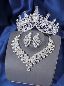 Bộ trang sức cưới phong cách Baroque 4 món, bao gồm vương miện hợp kim, dây chuyền đính đá và bông tai, phụ kiện cưới thanh lịch phù hợp cho cô dâu, sinh nhật, các sự kiện hóa trang, vương miện cài tóc, mùa hè, phụ kiện tóc, ngày lễ. - Nhiều màu - Xem 11