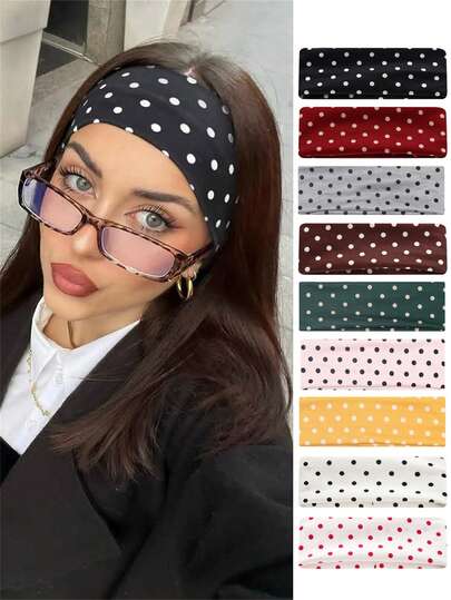 新款波点瑜伽弹力发带，时尚波点化妆发带，运动健身吸汗发带，女士波点发带时尚发饰：可爱女士发带，5条/1件套装