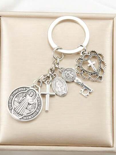 1pc Religious Novelty Keychain | Saint Benedict And Mary Cross Keychain With Multiple Accessories, Prayer Protection Charm For Bag And Phone Decoration, Exquisite Creative Gift
