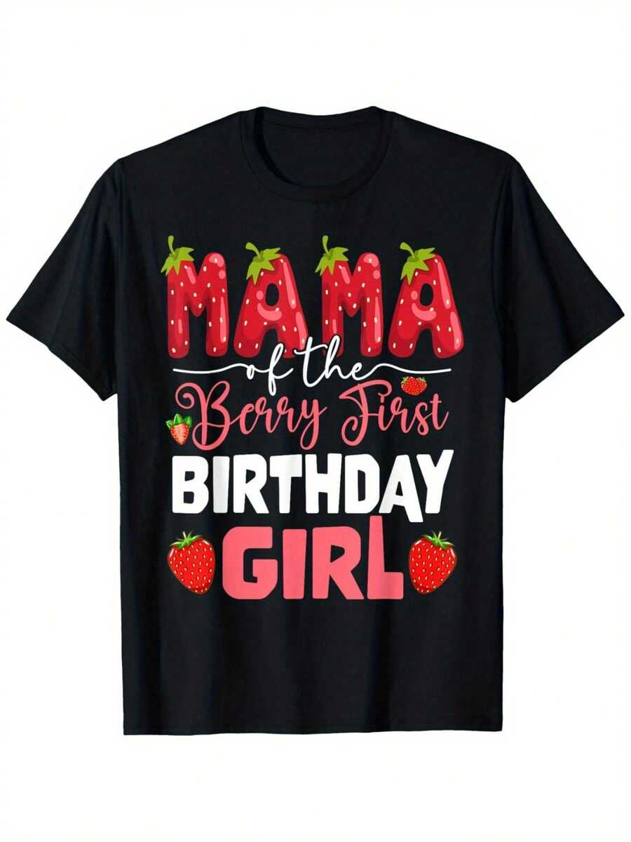 Camiseta de manga corta con estampado gráfico de fresa para el primer cumpleaños de Mama Of The Berry - Negro - Ver 1